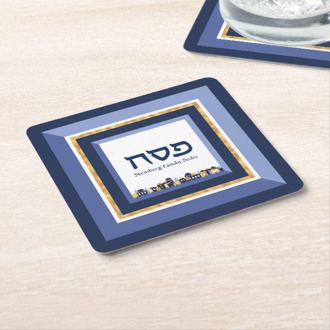 Porta-copo De Papel Quadrado Passover Seder Jerusalém Blue Dourado Hebraico  (Inclinado)