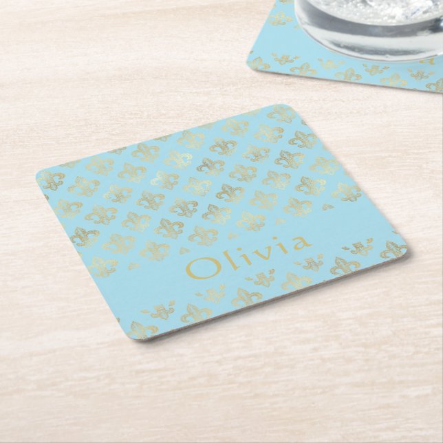Porta-copo De Papel Quadrado Pastel Blue Fleur De Lis Personalizado (Inclinado)