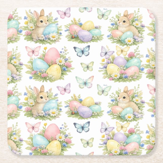 Porta-copo De Papel Quadrado Pastel Easter Eggs & Bunnies Flowers & Butterflies (Frente)