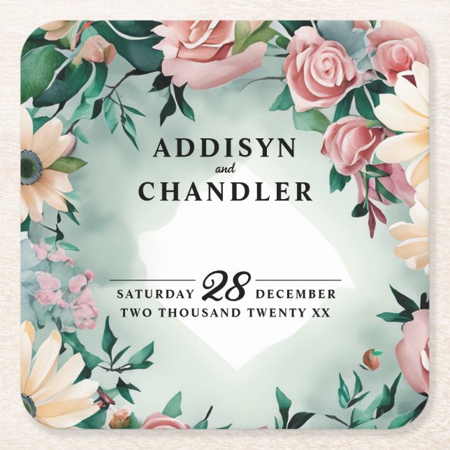 Porta-copo De Papel Quadrado Pastel Flower Elegance: Casamento Floral Verde Sag (Frente)