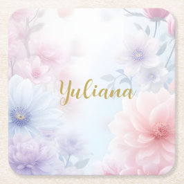 Porta-copo De Papel Quadrado Pastel Pink Blue Watercolor Fantasy Floral Design