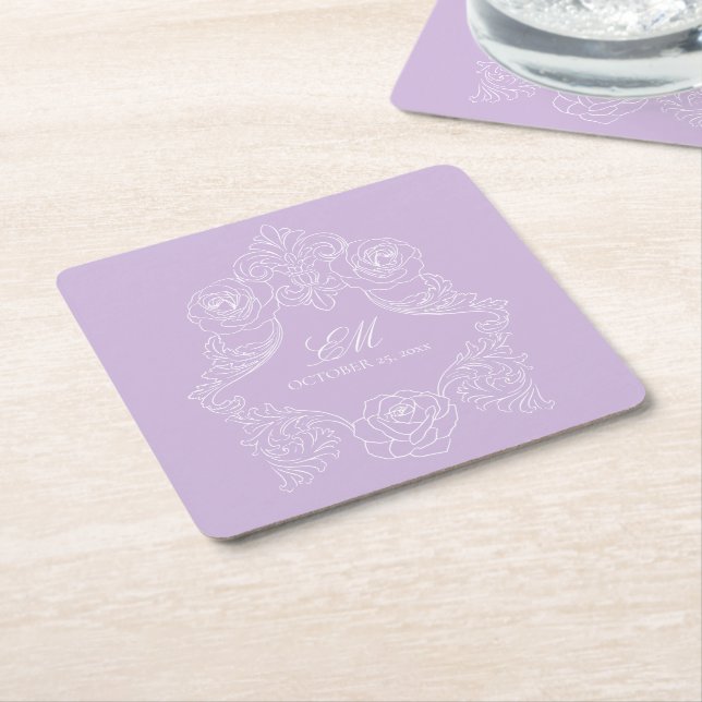 Porta-copo De Papel Quadrado Pastel Purple Victorian Wedding Monogram Crest (Inclinado)
