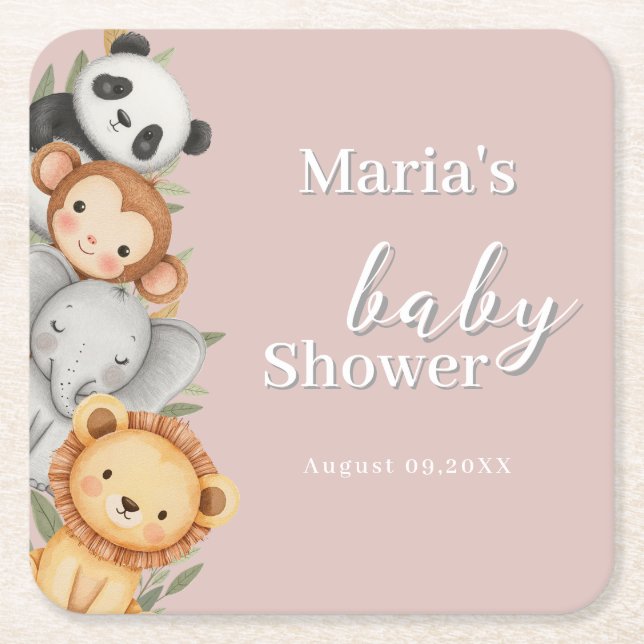 Porta-copo De Papel Quadrado Pastel Tropical Chá de fraldas Selle Safari Animai (Frente)