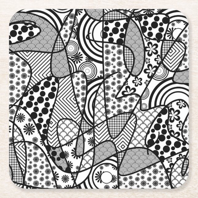 Porta-copo De Papel Quadrado Patchwork Preto e Branco de Padrões 02 (Frente)