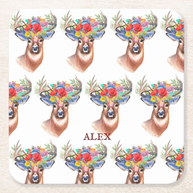 Porta-copo De Papel Quadrado Paterna Flower Reindeer Porta copos de Natal (Frente)