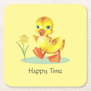 Porta-copo De Papel Quadrado Pato Feliz no Aniversário Amarelo Festa de Anivers