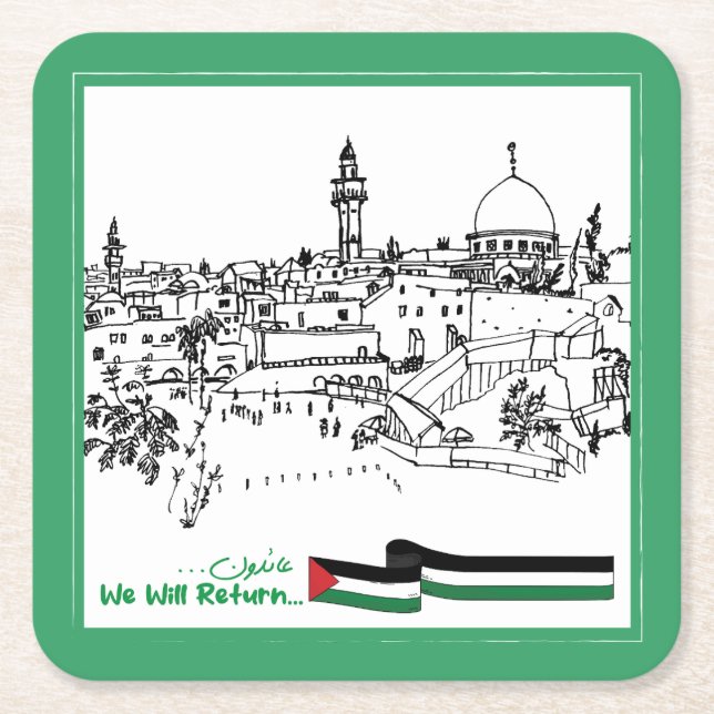 Porta-copo De Papel Quadrado Patrimônio Palestiniano e Esperança: Voltaremos (Frente)