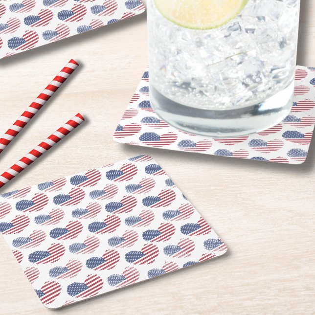 Porta-copo De Papel Quadrado Patriótico Azul Branco da bandeira americana (Cute Patriotic American Flag Rustic Heart Pattern Square Paper Coaster)