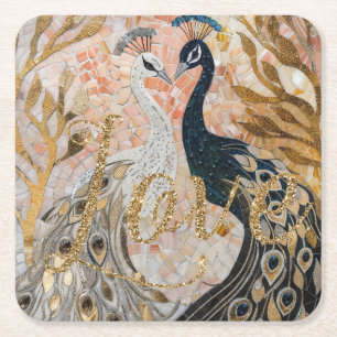 Porta-copo De Papel Quadrado Pavões Dourado Brilho Amor Rubor Rosa
