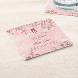 Porta-copo De Papel Quadrado Peach Blossoms Dupla Felicidade Casamento Chinês