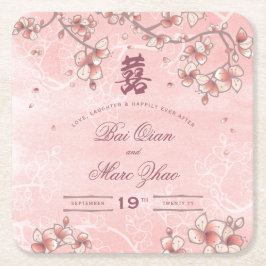 Porta-copo De Papel Quadrado Peach Blossoms Dupla Felicidade Casamento Chinês