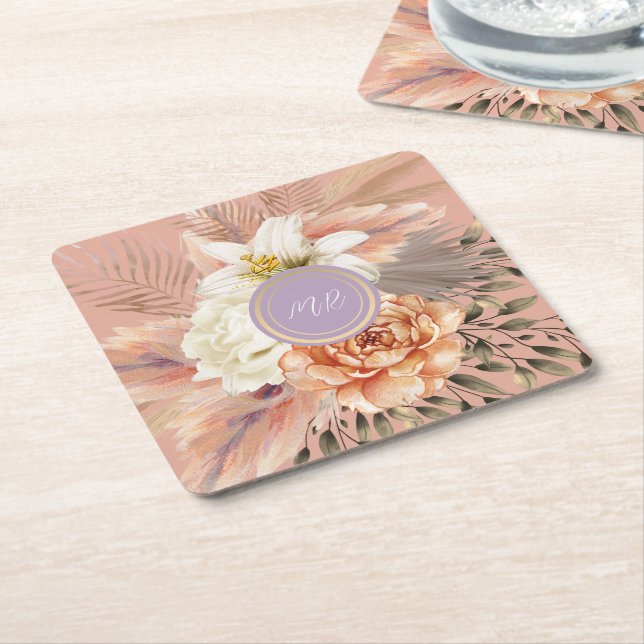 Porta-copo De Papel Quadrado Peach Lilac Floral Wedding (Inclinado)