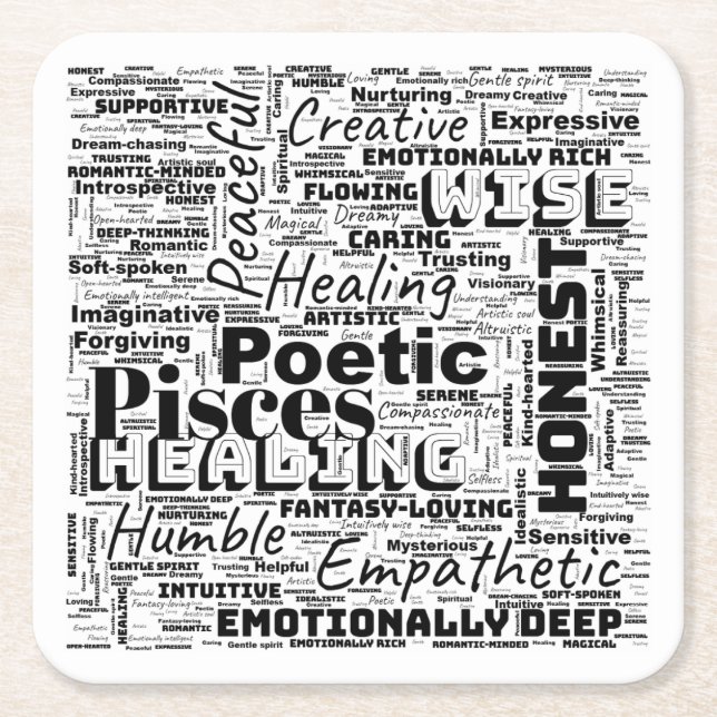Porta-copo De Papel Quadrado Peixes Zodiac Word Cloud Inspiration (Frente)