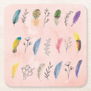 Porta-copo De Papel Quadrado Penas de Aquarela Boho com Desenhos Florais à Mão