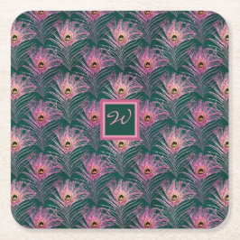 Porta-copo De Papel Quadrado Penas de Pavão Rosa e Monograma em Verde Profundo