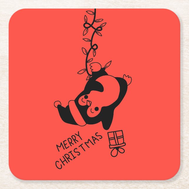 Porta-copo De Papel Quadrado Penguine distributing christmas gifts (Frente)