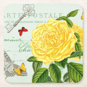 Porta-copo De Papel Quadrado Penteado floral vintage francês c/ rosa linda