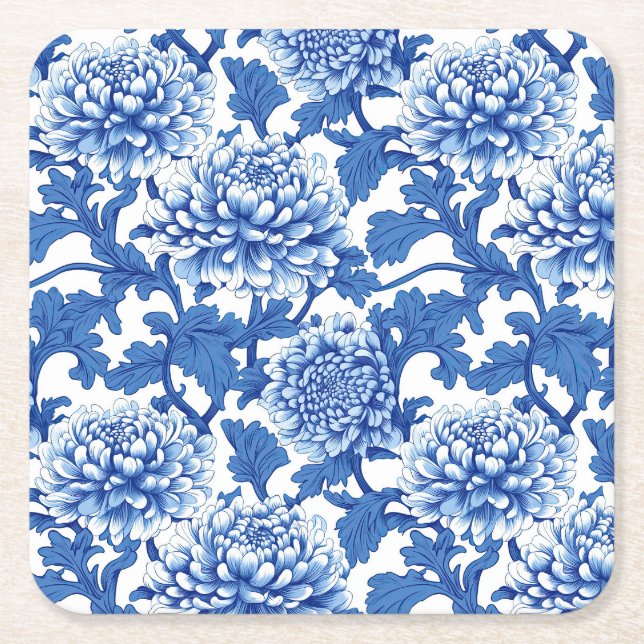 Porta-copo De Papel Quadrado Peônia Floral Azul e Branco Chinoiserie (Frente)