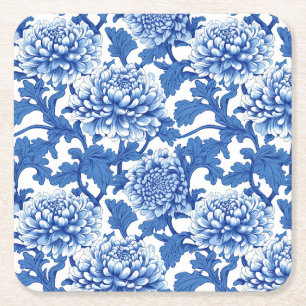 Porta-copo De Papel Quadrado Peônia Floral Chinesa Azul e Branco