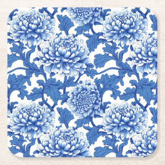 Porta-copo De Papel Quadrado Peônia Floral Chinesa Azul e Branco