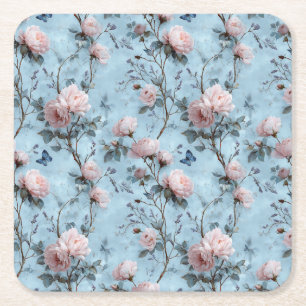Porta-copo De Papel Quadrado Peônias de Primavera Vintage em Azul