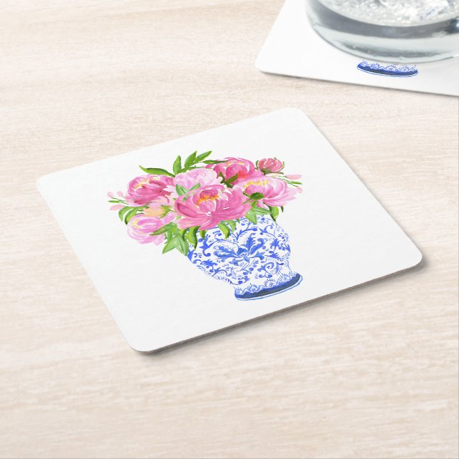 Porta-copo De Papel Quadrado Peonies Chinoiserie Vase (Inclinado)
