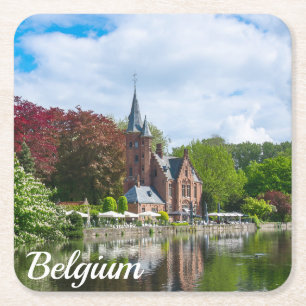 Porta-copo De Papel Quadrado Pequeno castelo perto do lago em Bruges, Bélgica