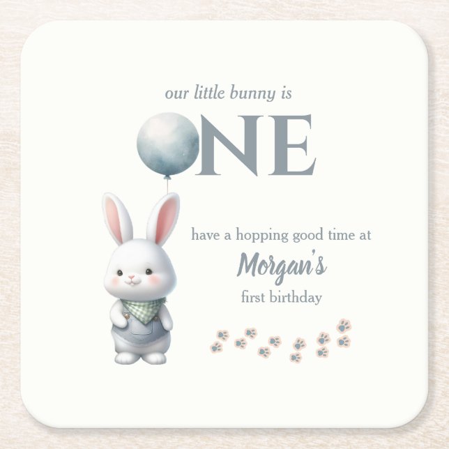 Porta-copo De Papel Quadrado Pequeno Coelhinho Transformando Um primeiro aniver (Frente)