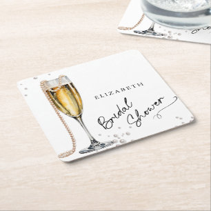 Porta-copo De Papel Quadrado Pérolas e Prosecco Chá de Noiva Minimalista