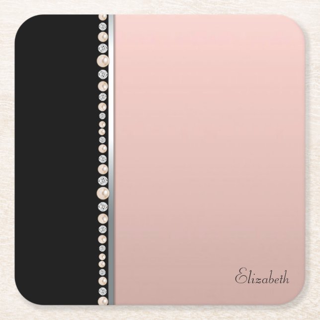 Porta-copo De Papel Quadrado Pérolas Elegantes e Sofisticadas Preto Rosa (Frente)