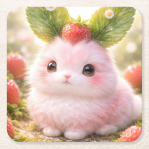 Porta-copo De Papel Quadrado Personagem de Coelho Rosa Adorável com Morango