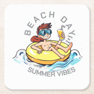Porta-copo De Papel Quadrado Personagem de desenho animado no Dia da Praia no A