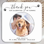 Porta-copo De Papel Quadrado Personalização De Script Moderno Obrigado Pet Wedt<br><div class="desc">Obrigado por celebrar os meus humanos! Adicione o toque final ao seu casamento com estas bonitas portas copos de casamento de fotos personalizadas. Perfeito para o seu casamento após festa e recepção, e como favores de casamento para os seus hóspedes. Personalize esta porta copos de casamento de cachorro fotográfico com...</div>