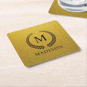 Porta-copo De Papel Quadrado Personalizado Dourado Preto e Glitter Monograma
