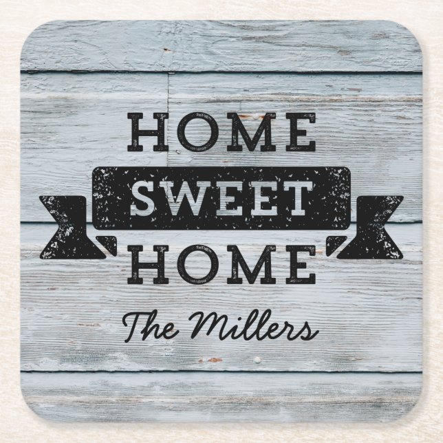 Porta-copo De Papel Quadrado Personalizar nome Rustic Home Sweet Home Pale Wood (Frente)