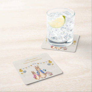 Porta-copo De Papel Quadrado Personalizar o primeiro aniversario de roupa bege 