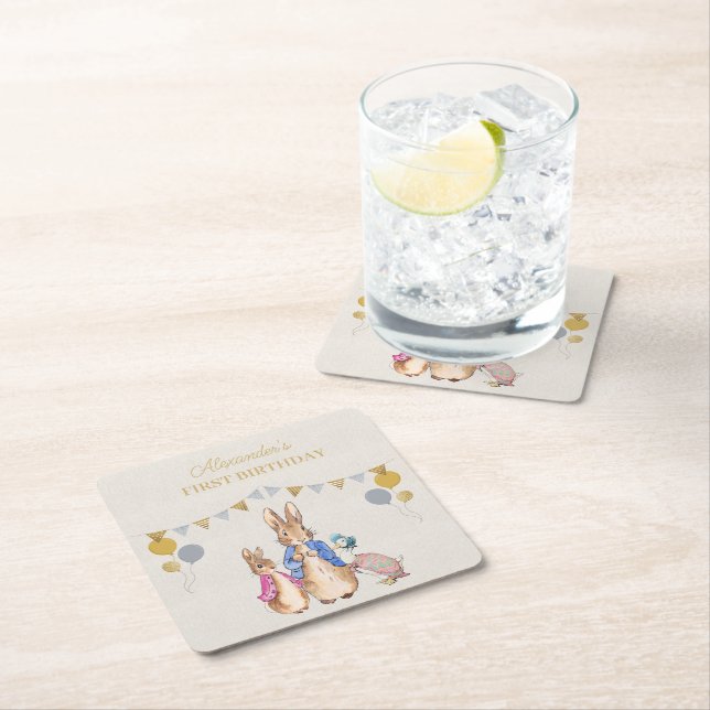 Porta-copo De Papel Quadrado Personalizar o primeiro aniversario de roupa bege  (Insitu)