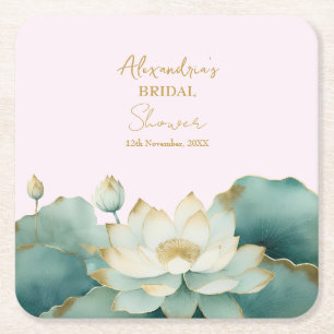 Porta-copo De Papel Quadrado Personalize Festa de Noivado Lótus dourado rosa