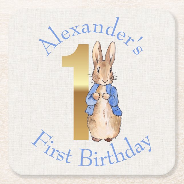 Porta-copo De Papel Quadrado Personalize Peter o coelho Primeiro aniversário (Frente)