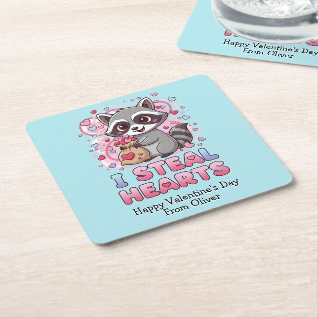 Porta-copo De Papel Quadrado Personalized Cute Raccoon Classroom Valentine (Inclinado)