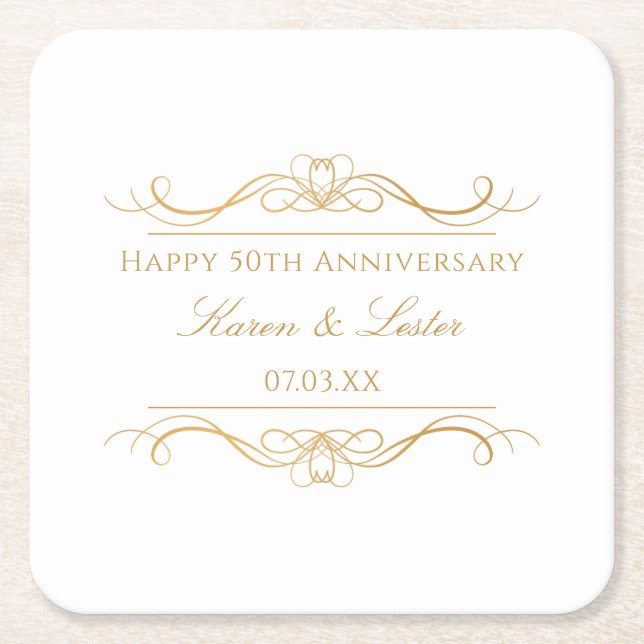Porta-copo De Papel Quadrado Personalized Elegant Gold Swirl 50th Anniversary (Frente)