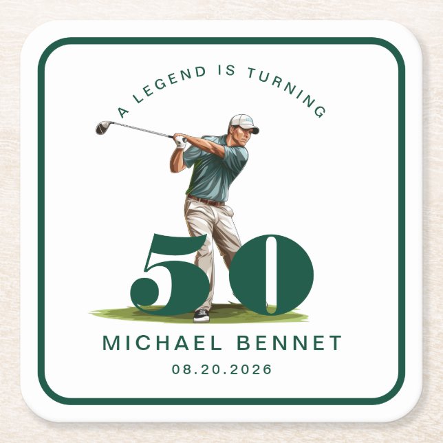 Porta-copo De Papel Quadrado Personalized Green Sports Golf 50th Birthday (Frente)