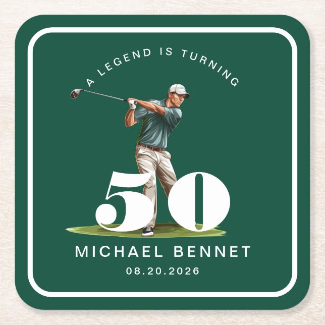 Porta-copo De Papel Quadrado Personalized Green Sports Golf 50th Birthday (Frente)