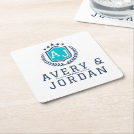 Porta-copo De Papel Quadrado Personalized wite blue Monogram Wedding 