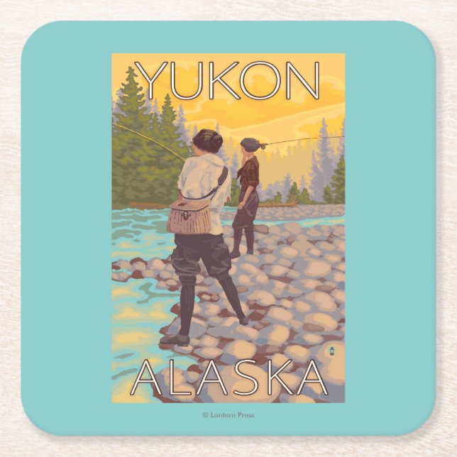 Porta-copo De Papel Quadrado Pesca com mosca das mulheres - Yukon, Alaska (Frente)