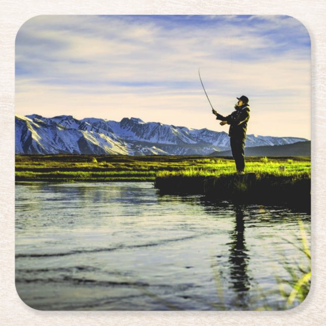 Porta-copo De Papel Quadrado Pesca Mountain Lake Fish (Frente)