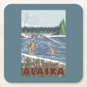 Porta-copo De Papel Quadrado Pescador da mosca - Latouche, Alaska