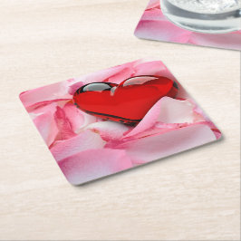 Porta-copo De Papel Quadrado Pétalas de Rosa de Coração de Vidro Vermelho