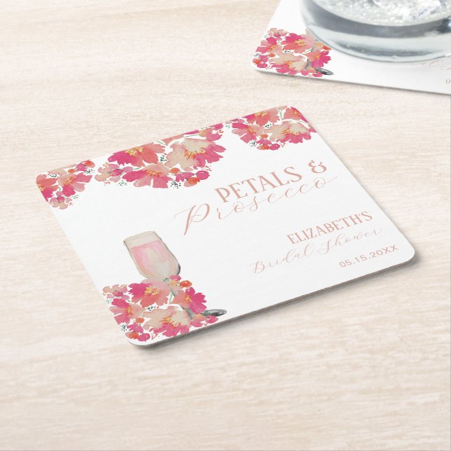 Porta-copo De Papel Quadrado Pétalas & Prosecco Chás de Noiva Floral Rosa (Inclinado)