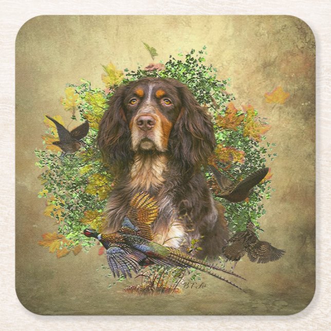 Porta-copo De Papel Quadrado Picardy Spaniel, época de caça (Frente)